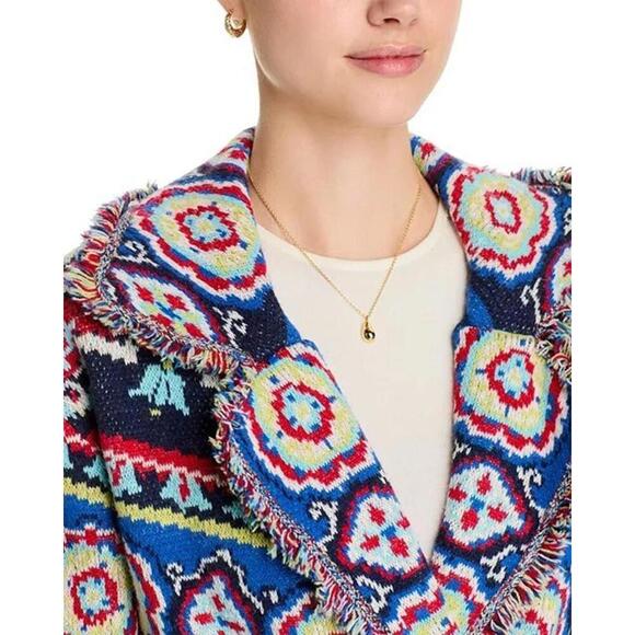 Farm Rio Ainika Tiles Knit Wide Collar Cardigan Sweater Women's Size XS Multi - Picture 2 of 5